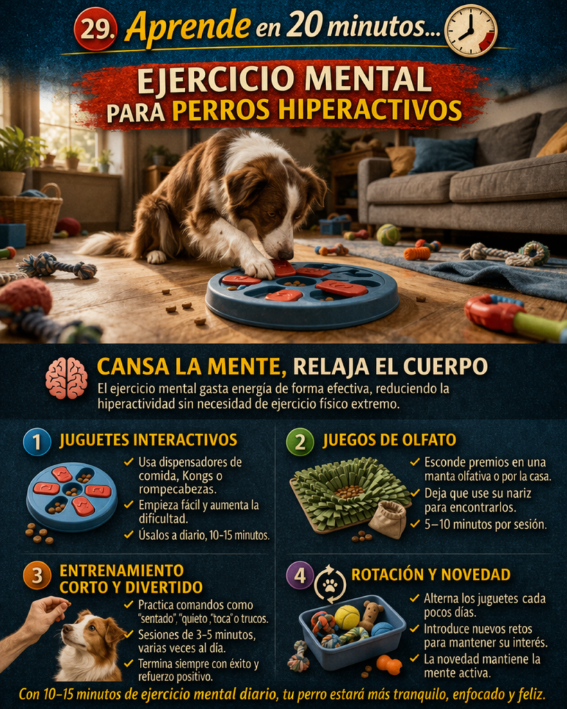 Tu perro no necesita correr dos horas. Necesita pensar veinte minutos. Un cerebro canino activo tras una sesión de nosework quema más glucosa que después de un paseo de una hora. El agotamiento mental es más profundo, más duradero y más satisfactorio para el perro que el agotamiento físico. Y lo mejor: lo puedes hacer en el salón de tu piso..