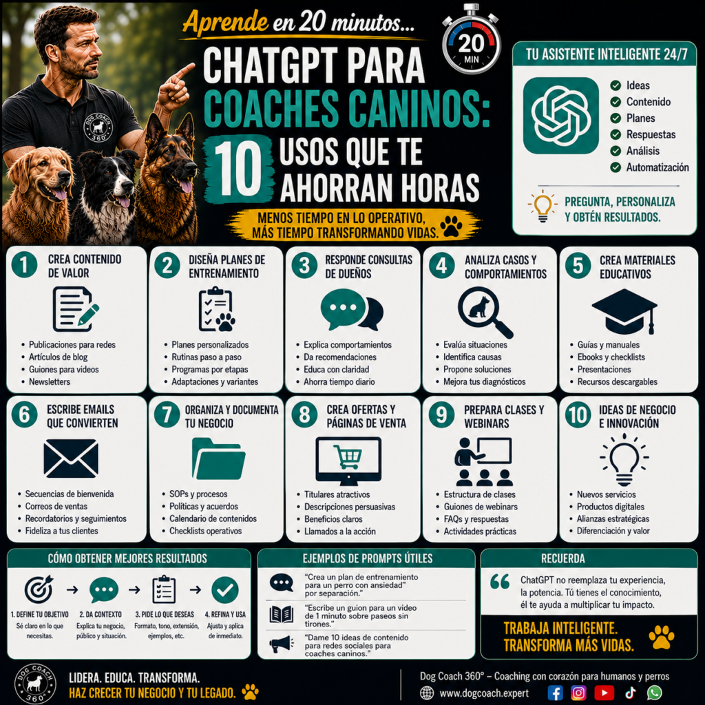 La filosofía Dog Coach 360® establece que la inteligencia artificial es una herramienta para amplificar el impacto del conocimiento humano, nunca para sustituirlo. La verdadera ventaja competitiva seguirá siendo la experiencia, la ética, la capacidad de observación y el compromiso del coach con el bienestar del perro y la transformación real de las familias que acompaña.