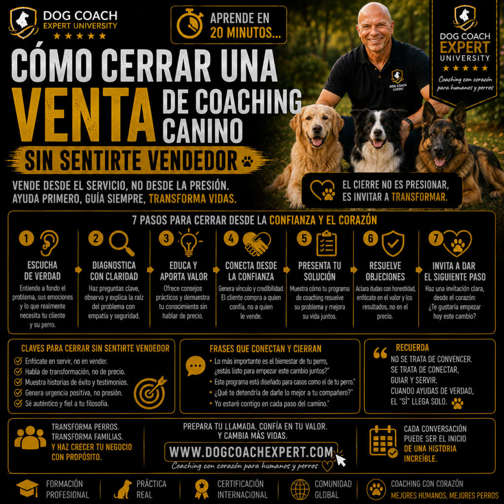 El sistema DCE 360® transforma la primera conversación comercial en una conversación de diagnóstico, donde el objetivo principal no es vender, sino comprender. El coach guía al tutor mediante preguntas estratégicas para descubrir la situación real del perro, las dificultades actuales, los objetivos de la familia y la urgencia del cambio.