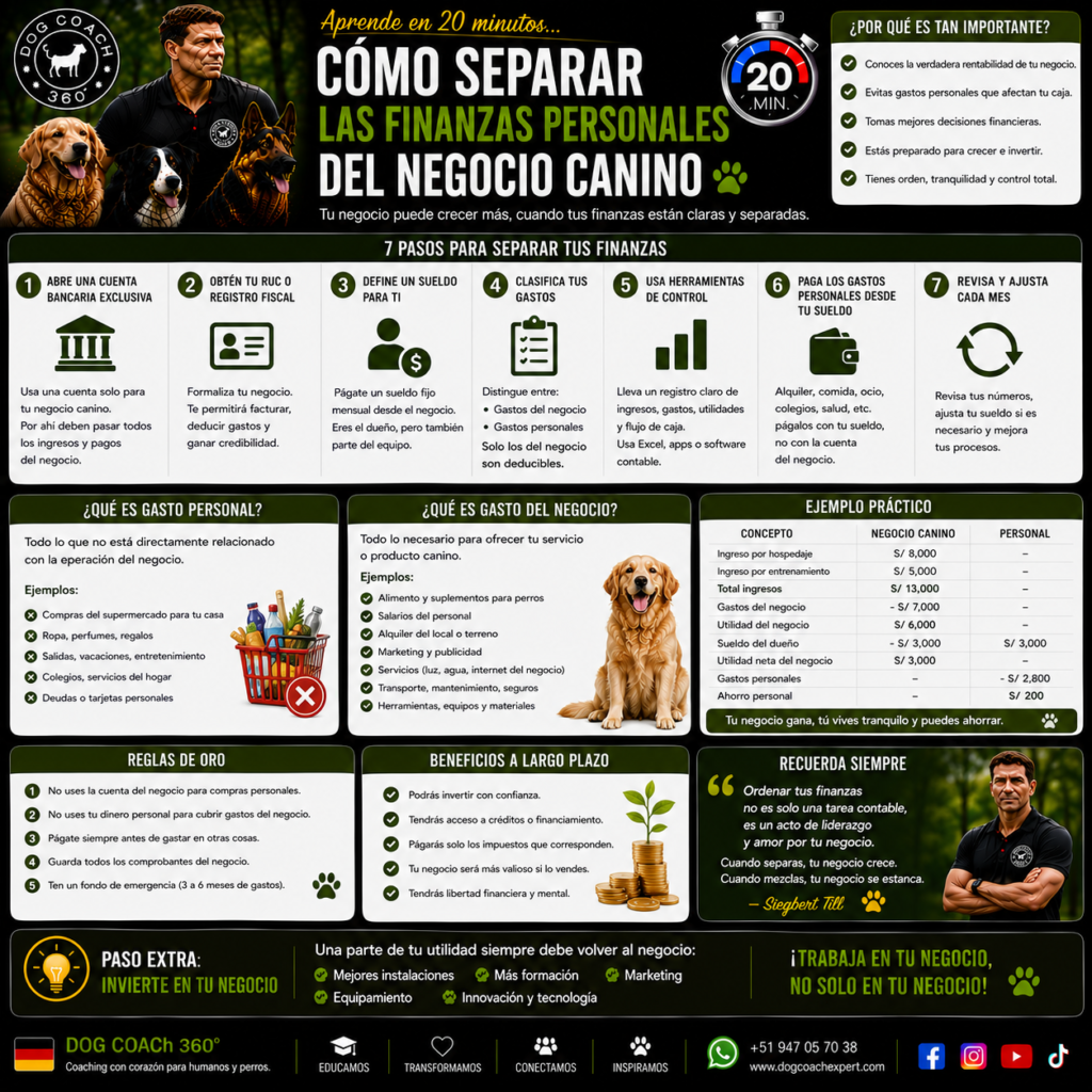La filosofía Dog Coach 360® establece que un negocio profesional necesita orden financiero para poder cumplir su misión a largo plazo. Separar las cuentas no significa limitar al coach, sino darle libertad: permite conocer la realidad económica, proteger la empresa, invertir estratégicamente y construir un negocio canino sostenible, rentable y preparado para crecer.