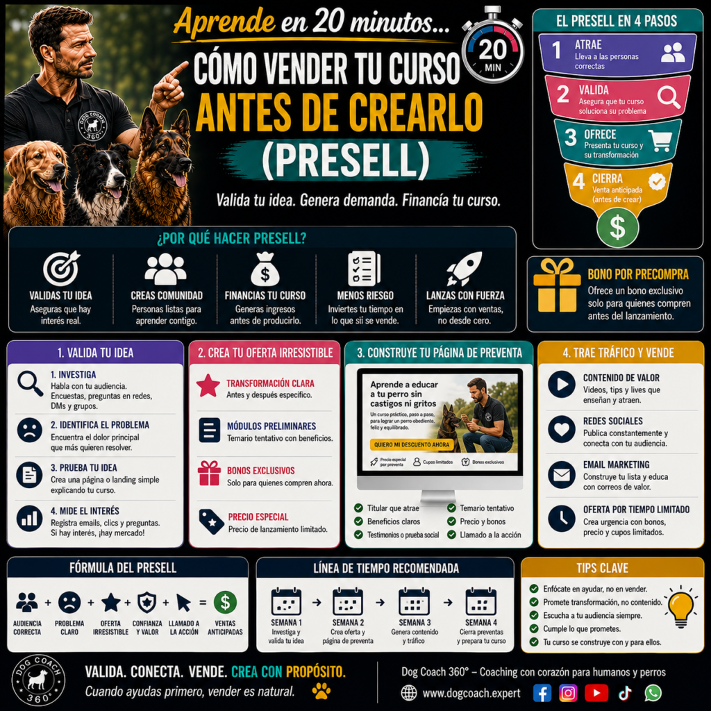 En este módulo aprenderás por qué la pre-venta es una de las herramientas más inteligentes para el coach canino que quiere crear productos educativos escalables. Descubrirás cómo validar una idea antes de comprometer recursos y cómo utilizar los primeros compradores como referencia para mejorar la estructura final del curso.
