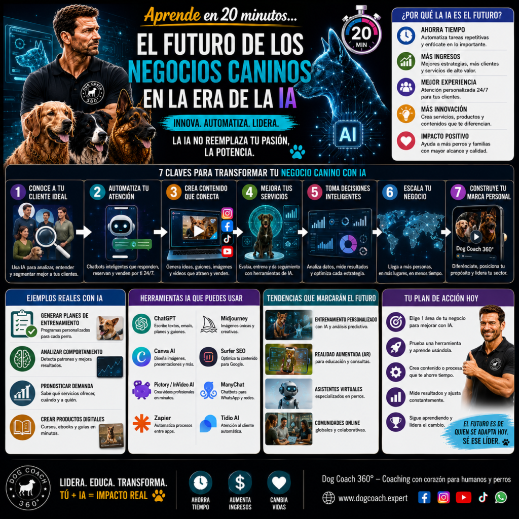 La filosofía Dog Coach 360® establece que la inteligencia artificial debe utilizarse para servir mejor a las personas y a sus perros, nunca para reemplazar el criterio profesional ni reducir la calidad del cuidado. Toda información generada por IA debe verificarse antes de aplicarse, especialmente cuando afecta a la salud, la educación o el comportamiento canino. La tecnología puede acelerar procesos, pero la responsabilidad ética y el bienestar del perro siempre deben permanecer en manos del profesional.