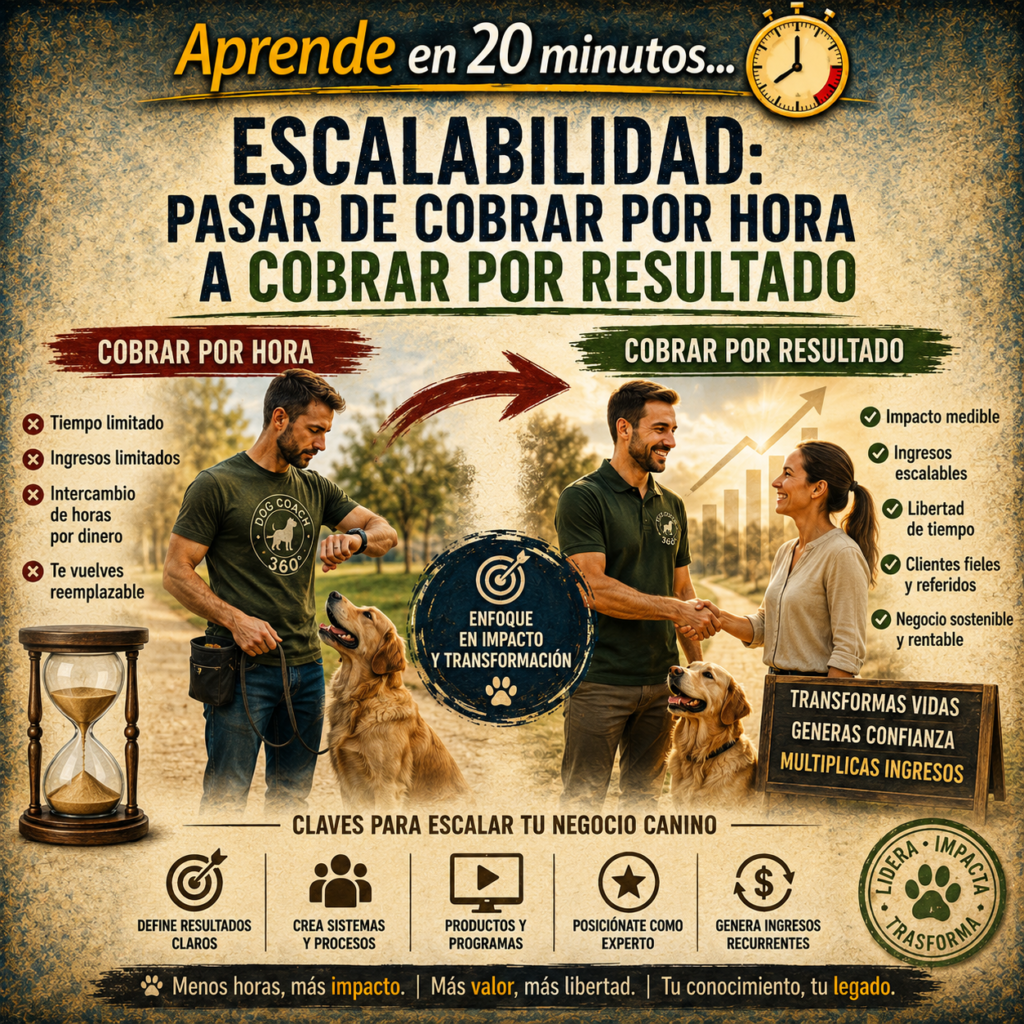 El entrenador canino que cobra S/150 por sesión y tarda seis sesiones en resolver el problema de su cliente cobró S/900 por esa transformación. El entrenador que cobra S/900 por la transformación completa en seis semanas cobró exactamente lo mismo — pero el segundo tiene algo que el primero no tiene: el cliente que sabe desde el primer día cuánto va a invertir, qué va a conseguir y cuándo. Eso no es solo una diferencia de precio. Es una diferencia de modelo. El modelo que cobra por resultado no trabaja más ni trabaja menos. Trabaja diferente.