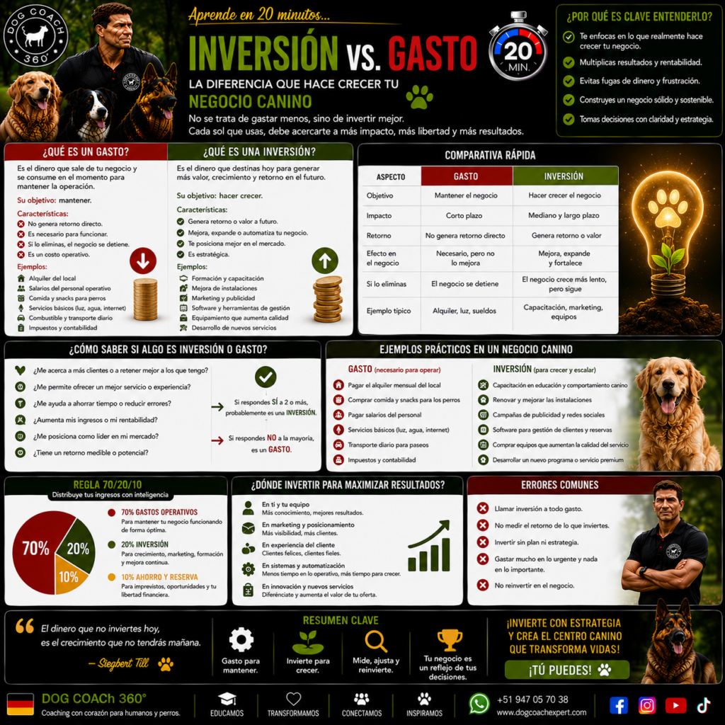 La filosofía Dog Coach 360® establece que el dinero del negocio debe trabajar para construir un sistema más fuerte. Una compra no es automáticamente una inversión, y una inversión no es válida solo porque parece profesional o moderna.