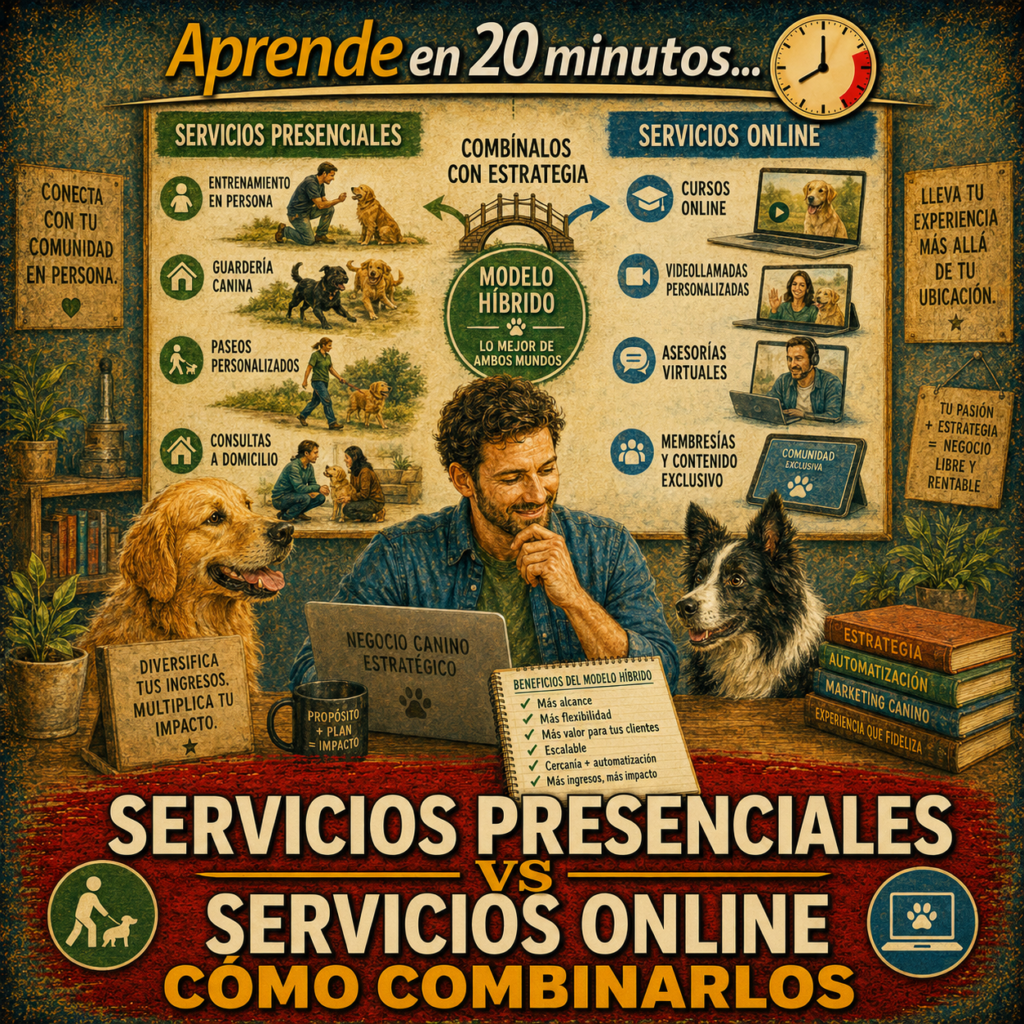 El trabajo presencial con el perro y el tutor produce los resultados que ningún video puede reemplazar. El trabajo digital produce el alcance, la escala y el ingreso pasivo que ninguna sesión presencial puede igualar. El coach canino que entiende esto no elige entre los dos — los combina. No de forma aleatoria sino con un sistema que determina qué va en qué formato según qué produce más valor para cada tipo de cliente. La combinación correcta es la que el trabajo presencial hace posible y el trabajo digital hace rentable a escala.