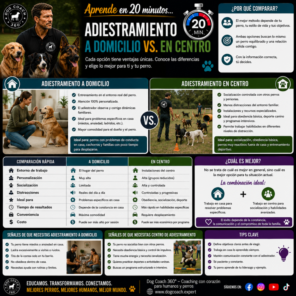 Analizarás las ventajas y limitaciones de cada opción, el principio de generalización del aprendizaje y cuándo conviene utilizar un enfoque híbrido. La filosofía Dog Coach 360® prioriza siempre el bienestar del perro y resultados reales, evitando decisiones basadas únicamente en la comodidad, la rentabilidad o métodos que comprometan su equilibrio emocional.