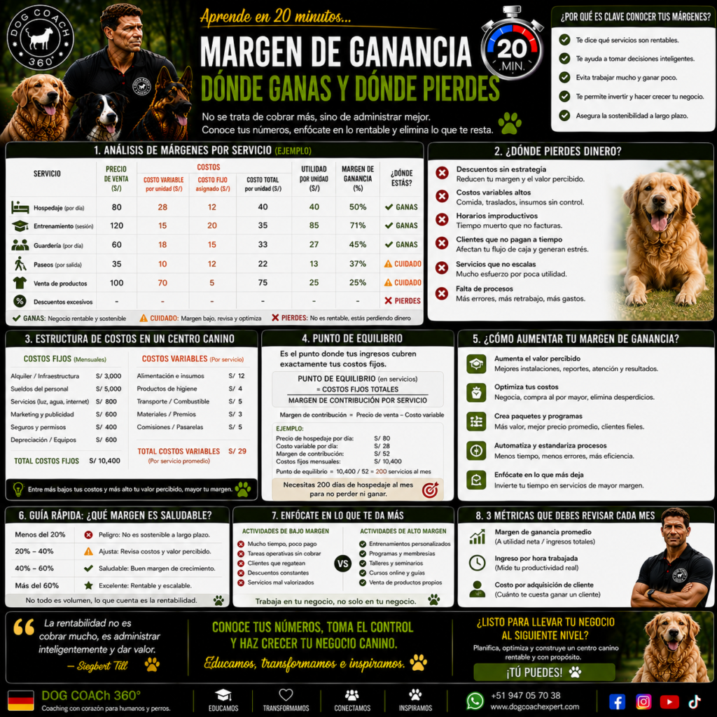 La filosofía Dog Coach 360® establece que crecer no significa únicamente aumentar ingresos, sino aumentar la capacidad del negocio para generar valor sostenible. Un servicio rentable permite invertir en mejores sistemas, ofrecer mayor calidad y mantener estándares profesionales.