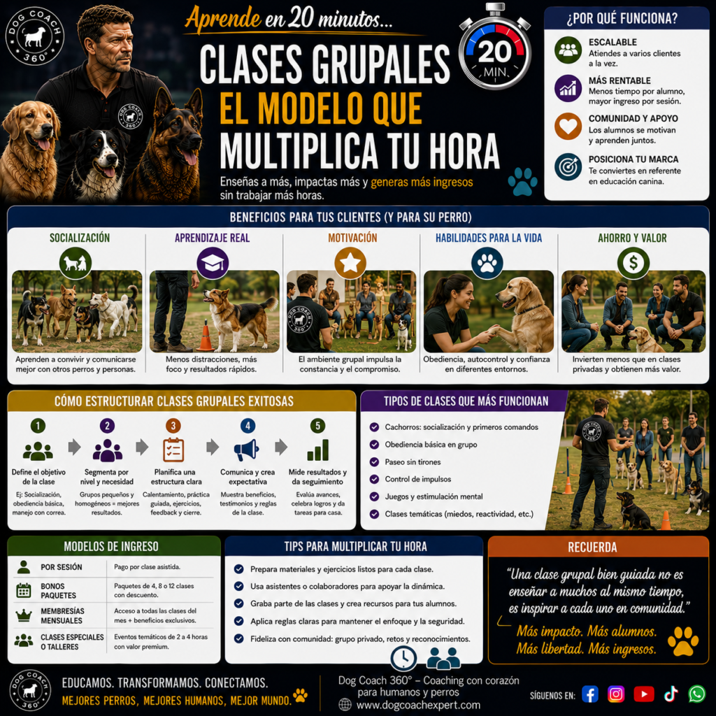 Este módulo cierra la serie con el modelo que tiene el mayor potencial de multiplicación del IBM por hora trabajada del coach: las clases grupales del sistema DCE 360®. Una clase grupal bien diseñada convierte una hora del coach en el ingreso de cuatro, cinco o seis sesiones individuales simultáneas.