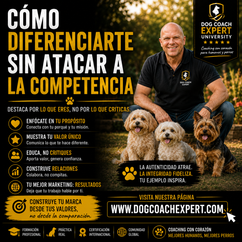 El módulo también enseña cómo responder con profesionalismo cuando un cliente compara servicios o transmite críticas sobre otros profesionales, manteniendo siempre una actitud respetuosa y ética. El objetivo es construir una reputación sólida basada en la excelencia, la integridad y el valor genuino, fortaleciendo tanto tu marca como el ecosistema profesional y contribuyendo al bienestar de más perros y sus familias.