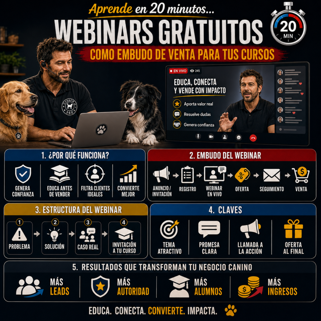 La filosofía Dog Coach 360® establece un principio esencial: el webinar debe servir primero y vender después. No debe ser un contenido vacío utilizado únicamente como preparación para una venta, sino una experiencia educativa que aporte resultados reales incluso para quienes no compren el programa. La oferta debe ser transparente, la comunicación honesta y la persuasión siempre ética.
