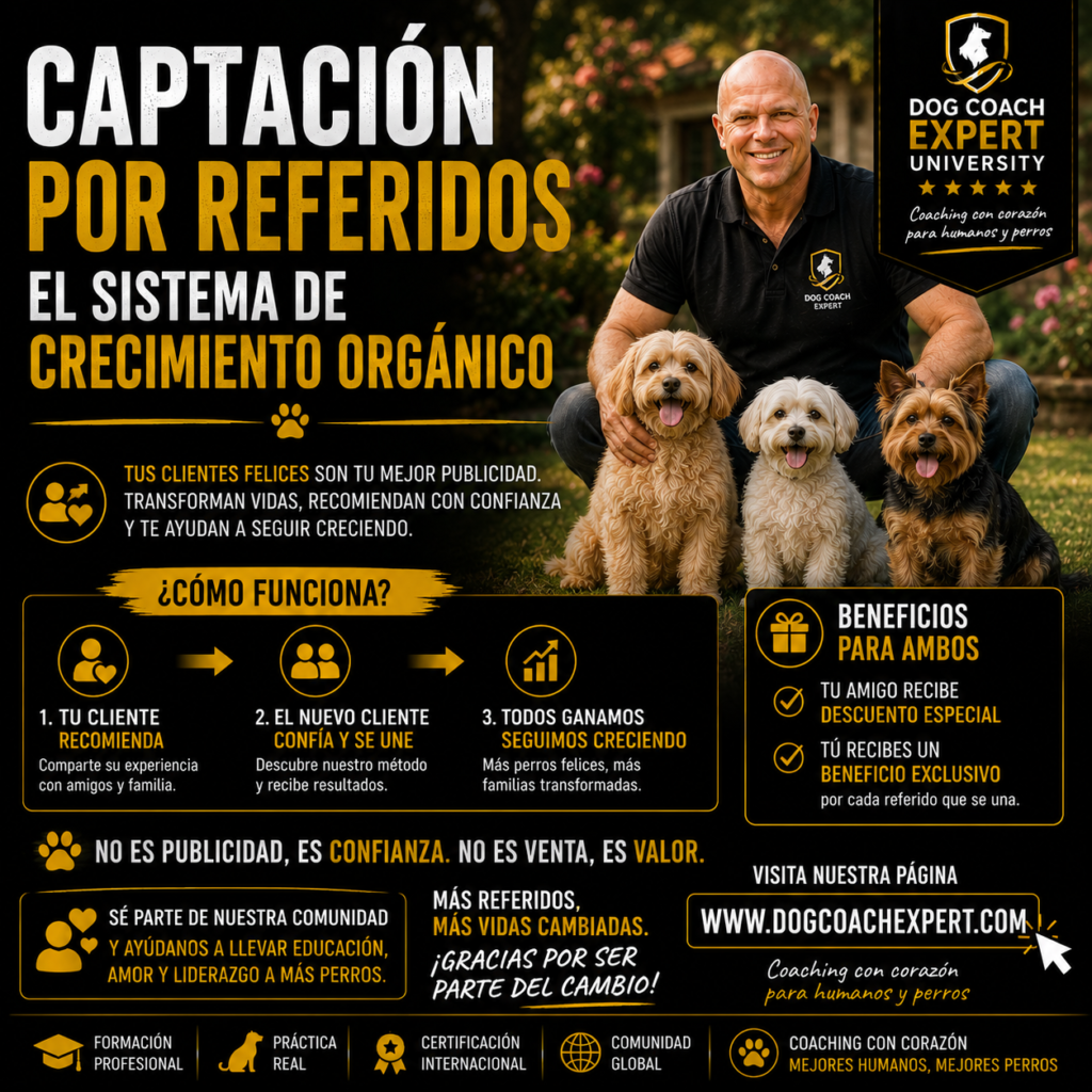 Aprenderás que los referidos no se obtienen simplemente pidiéndolos, sino creando una experiencia tan valiosa que los propios clientes deseen recomendarla. El módulo desarrolla el sistema completo de captación por referidos del Método Dog Coach 360®, enseñándote cuándo solicitar una recomendación, cómo facilitar el proceso para el tutor y qué indicadores utilizar para medir y optimizar esta fuente de crecimiento. El objetivo es construir un negocio que crezca de forma orgánica, sostenible y con clientes de alta calidad, gracias a la confianza generada por los resultados del sistema DCE 360®.
