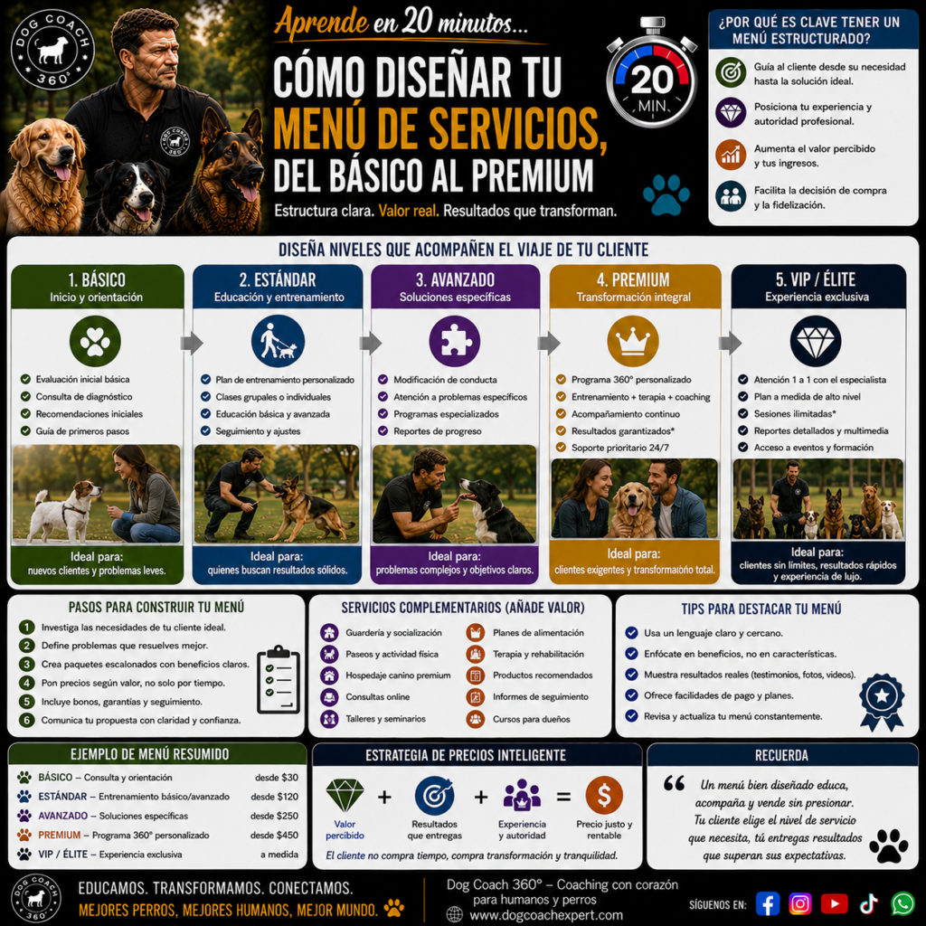 Este módulo aborda una de las decisiones más influyentes en el posicionamiento y en el IBM del negocio canino del coach: el diseño del menú de servicios. La mayoría de los coaches caninos en Lima ofrecen servicios según lo que creen que el mercado pide o lo que aprendieron de otros coaches — sin un criterio de diseño que conecte el menú de servicios con la rentabilidad del sistema DCE 360®, con la sostenibilidad del coach y con el posicionamiento de precio premium que el Método Dog Coach 360® construye.