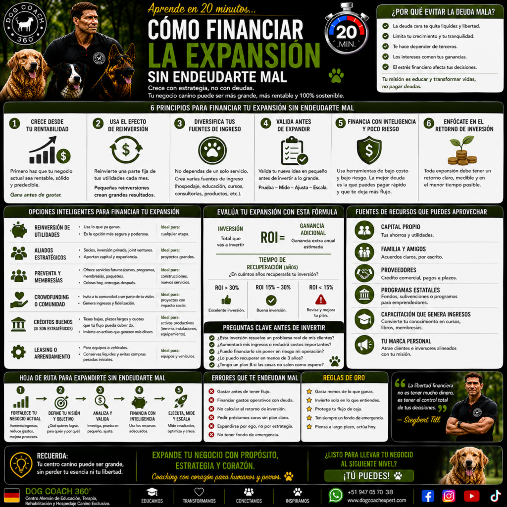 La filosofía Dog Coach 360® establece que la deuda nunca debe utilizarse para ocultar problemas estructurales ni para mantener un negocio que no funciona. El financiamiento estratégico debe servir para acelerar sistemas sólidos, ampliar capacidad, mejorar procesos o aprovechar oportunidades claras de crecimiento.