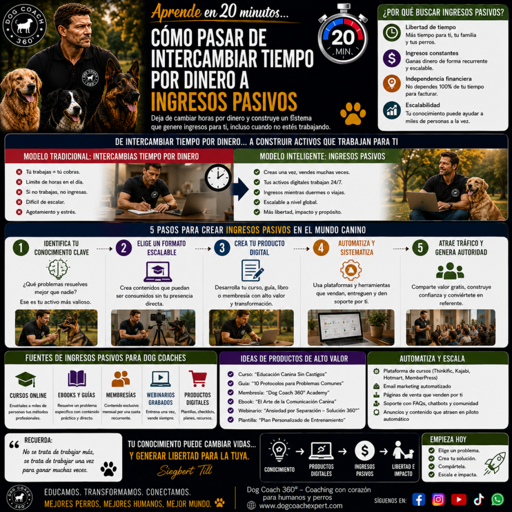 Para lograrlo, el módulo diferencia claramente tres tipos de ingresos. El primero es el ingreso activo, que solo existe mientras el coach presta directamente el servicio. El segundo es el ingreso semipasivo, que requiere una participación ocasional o intermitente del coach para mantenerse en funcionamiento. El tercero es el ingreso verdaderamente pasivo, generado por productos, sistemas o plataformas que continúan produciendo ingresos sin depender de la presencia constante del profesional.
