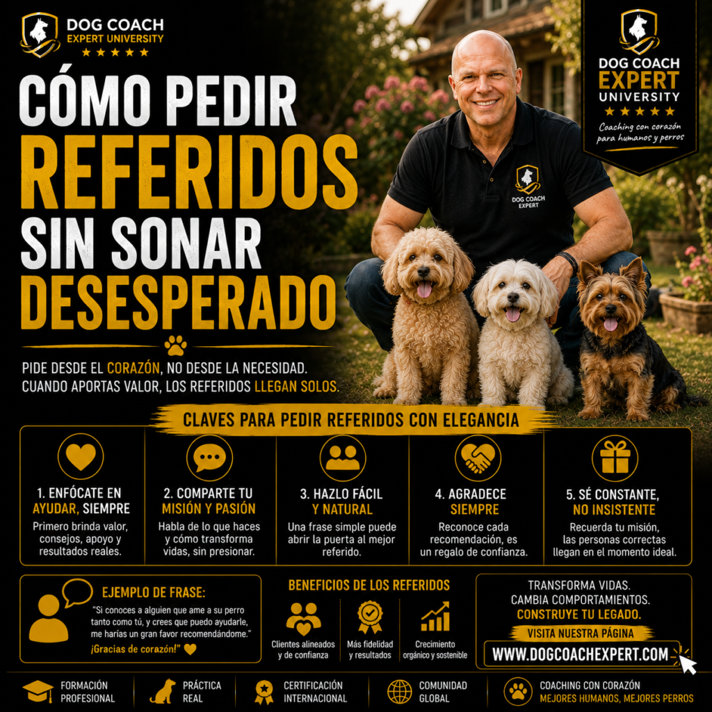 En este módulo aprenderás a cambiar esa mentalidad y a solicitar referidos de forma natural, profesional y ética. Descubrirás cuál es el momento adecuado para hacerlo, cómo formular la solicitud desde la confianza y el servicio, y cómo convertir la recomendación en una oportunidad para ayudar a más perros y familias, sin ejercer presión sobre el cliente. El objetivo es construir un sistema de referidos basado en la confianza, el valor genuino y la excelencia del Método Dog Coach 360®, donde el crecimiento del negocio sea la consecuencia natural de resultados excepcionales.