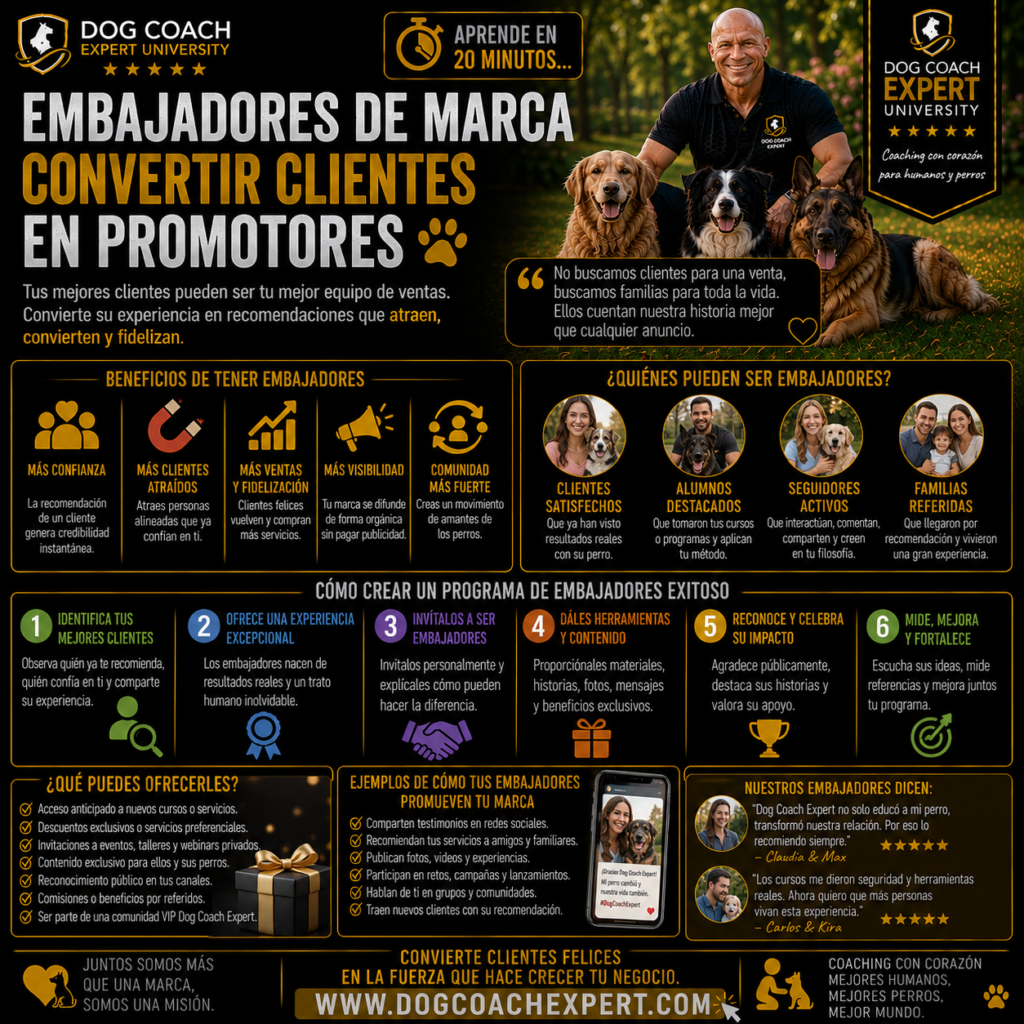 Al terminar este módulo tendrás un sistema completo de embajadores de marca: sabrás identificar el momento pico en que nace un promotor, dominarás el arte de pedir testimonios que se conceden con gusto (y con permiso), diseñarás un programa de referidos ético y transparente, convertirás las historias de transformación en tu mejor contenido y construirás una comunidad de graduados que promociona por pertenencia. La meta es medible: que en 90 días las recomendaciones rastreables se conviertan en una de tus dos primeras fuentes de clientes nuevos.