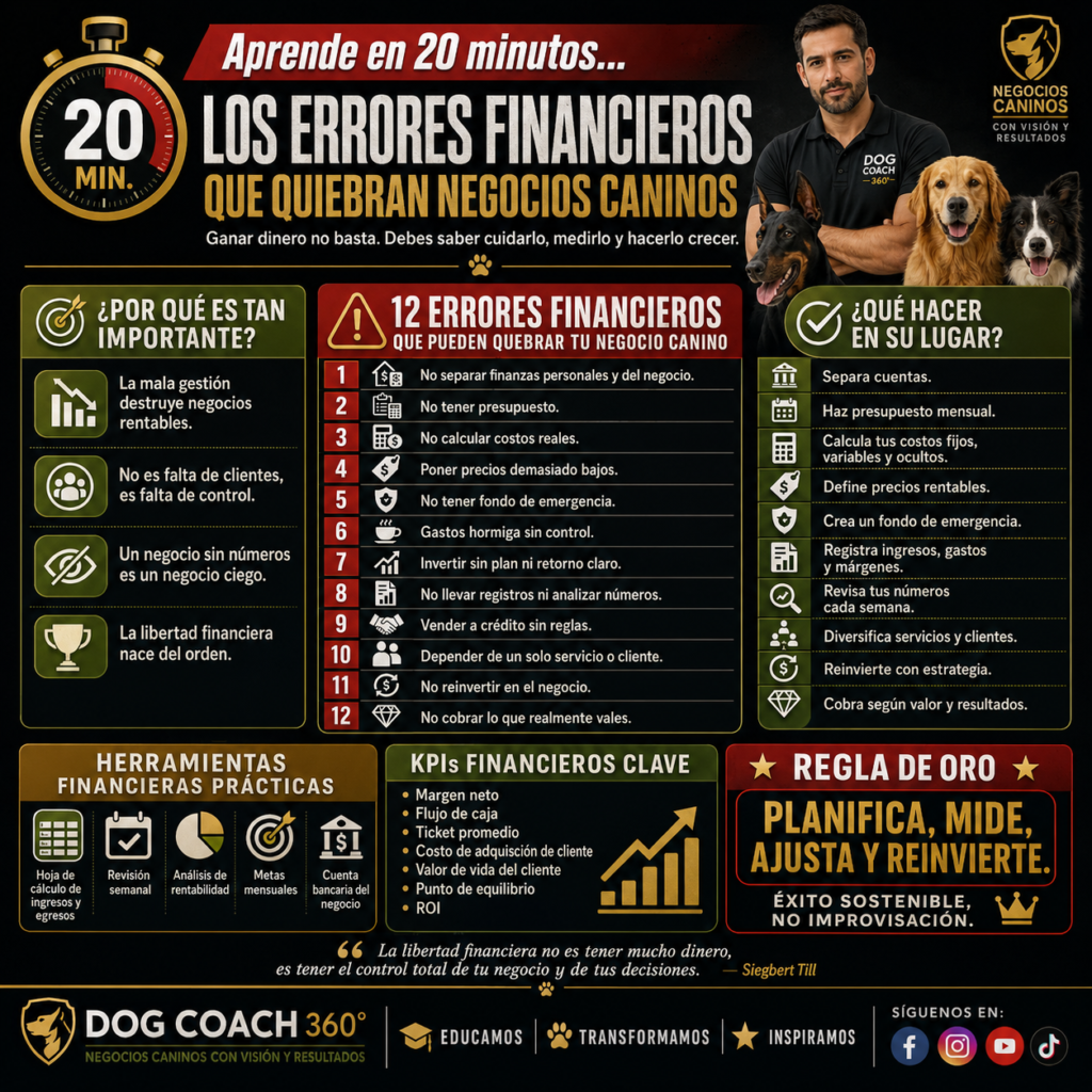 La filosofía Dog Coach 360® establece que un negocio profesional no solo debe saber crecer, sino también proteger lo que ha construido. La verdadera madurez empresarial consiste en anticiparse a los problemas, aprender de los errores del sector y mantener sistemas que permitan tomar decisiones con claridad.