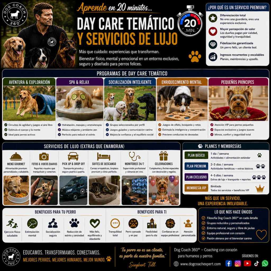 El módulo también incorpora una línea de servicios de lujo diseñada bajo la filosofía Dog Coach 360®: el Día de Spa Conductual, el Programa de Cumpleaños Canino, el Servicio de Concierge Conductual para Hoteles y el Pack de Bienestar Premium.