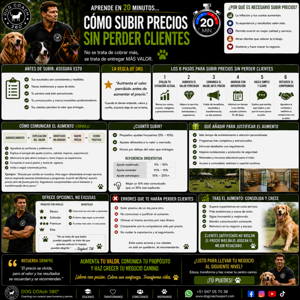 En este módulo aprenderás cómo construir un precio profesional considerando tres elementos fundamentales: los costos reales del negocio, las condiciones del mercado local y el valor entregado al tutor y su perro. Descubrirás cómo analizar tu zona, comprender el posicionamiento de tu servicio y crear una estructura de precios sostenible que permita crecer sin depender únicamente de aumentar horas de trabajo.