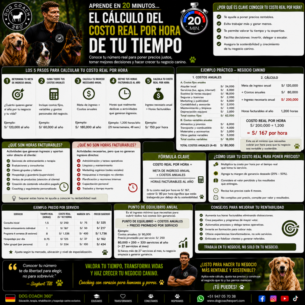 La filosofía Dog Coach 360® establece que el objetivo no es trabajar más horas, sino utilizar mejor el tiempo disponible. Conocer el valor real de cada hora permite proteger la calidad del servicio, aumentar la rentabilidad y tomar decisiones inteligentes como profesional: hacer menos actividades de bajo valor para dedicar más energía a aquello donde la experiencia del coach genera el mayor impacto para los perros, los tutores y el negocio.
