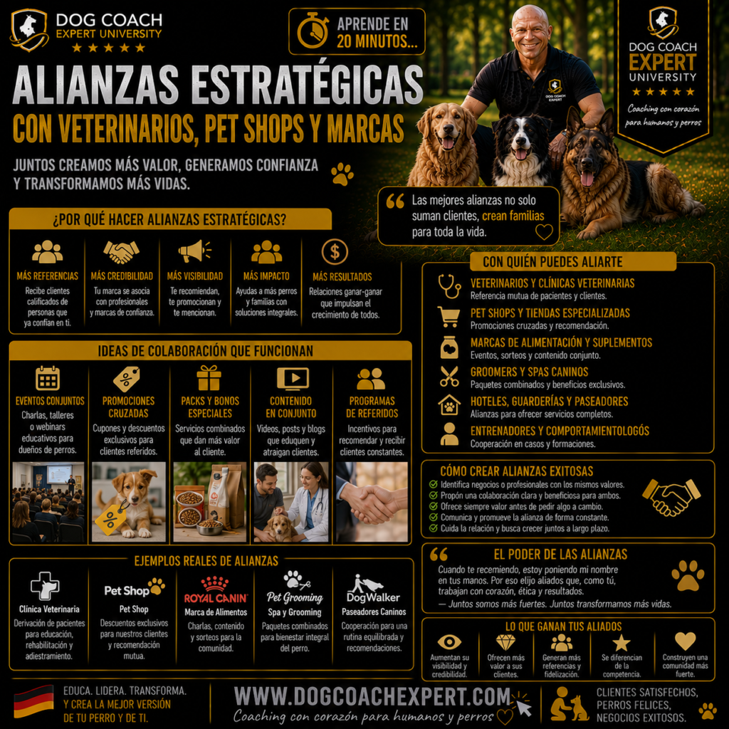 Al terminar este módulo sabrás construir una red de alianzas locales que te derive clientes de forma constante y sin costo publicitario: entenderás qué busca cada tipo de aliado (veterinarios, pet shops, groomers, hospedajes y marcas), diseñarás propuestas de valor específicas para cada uno, dominarás el protocolo de derivación mutua con informes que fidelizan al aliado, y formalizarás cada acuerdo con reglas claras y una ética de derivación innegociable. La meta es medible: que las alianzas se conviertan en una de tus tres primeras fuentes de clientes en 90 días.
