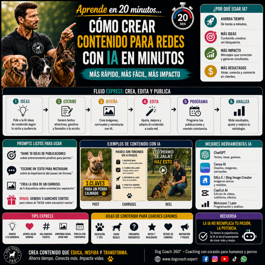 La filosofía Dog Coach 360® establece que la tecnología debe amplificar la voz del coach, no crear una voz artificial. El contenido debe seguir reflejando conocimiento real, casos auténticos y compromiso con el bienestar del perro. Un sistema inteligente de producción permite publicar más, llegar a más personas y construir autoridad, manteniendo siempre la esencia humana que diferencia a un verdadero profesional canino.