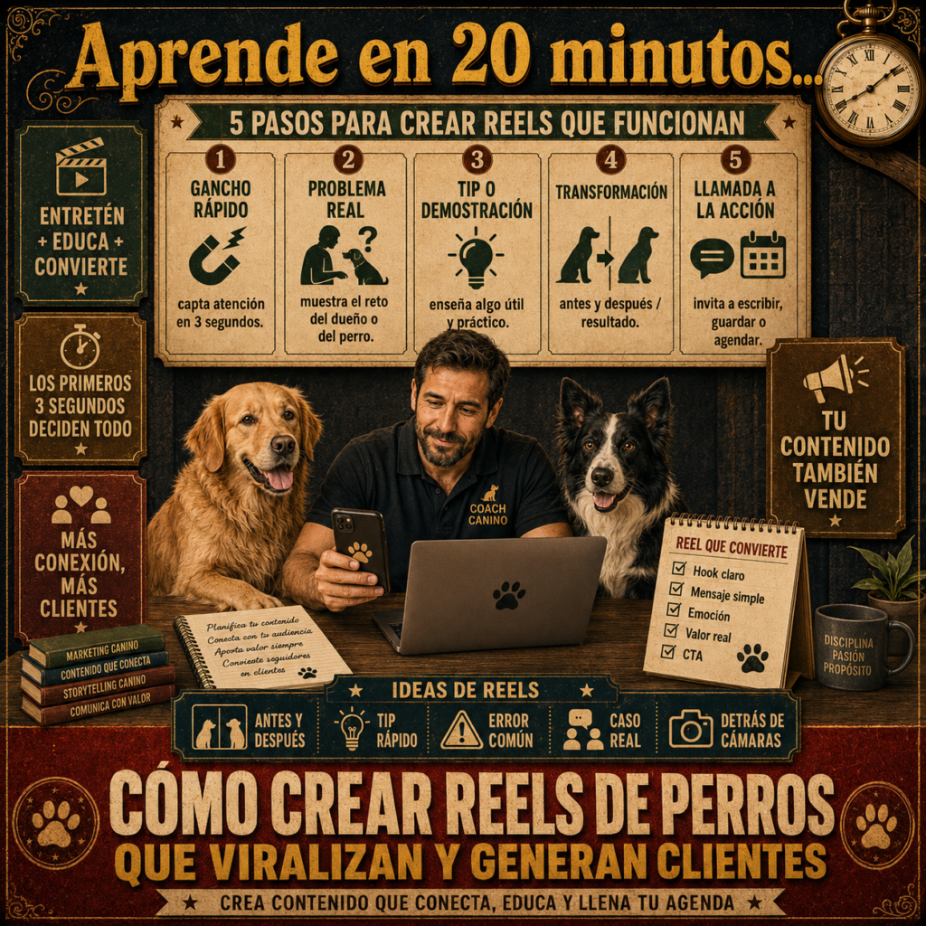 La filosofía Dog Coach 360® establece un principio innegociable: ninguna visualización justifica comprometer el bienestar del perro ni la honestidad del contenido. Este módulo promueve exclusivamente vídeos basados en situaciones reales, sin poner al perro en condiciones de estrés, miedo o riesgo, sin exagerar resultados y sin difundir consejos virales que puedan perjudicar a los animales. El objetivo es utilizar el enorme potencial del vídeo corto para atraer clientes mediante contenido auténtico, educativo y responsable, fortaleciendo la confianza en la marca y generando un crecimiento sostenible del negocio canino.