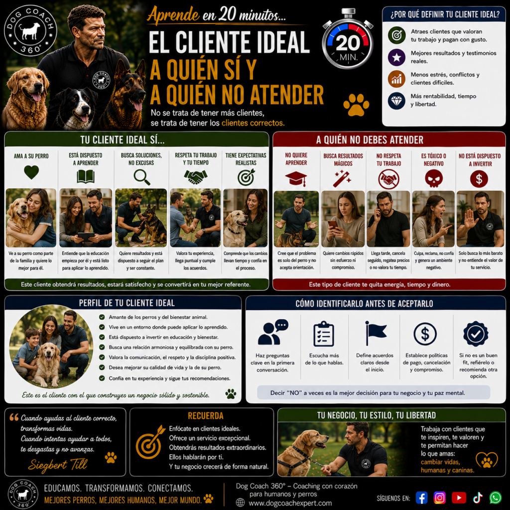 En este módulo aprenderás por qué atender a todos es un error estratégico, cómo definir el cliente ideal, cómo reconocer los casos que no encajan, cómo declinar o derivar un caso de manera profesional y respetuosa, y por qué elegir correctamente a los clientes es una de las decisiones de mayor impacto para construir un negocio canino sólido y sostenible.