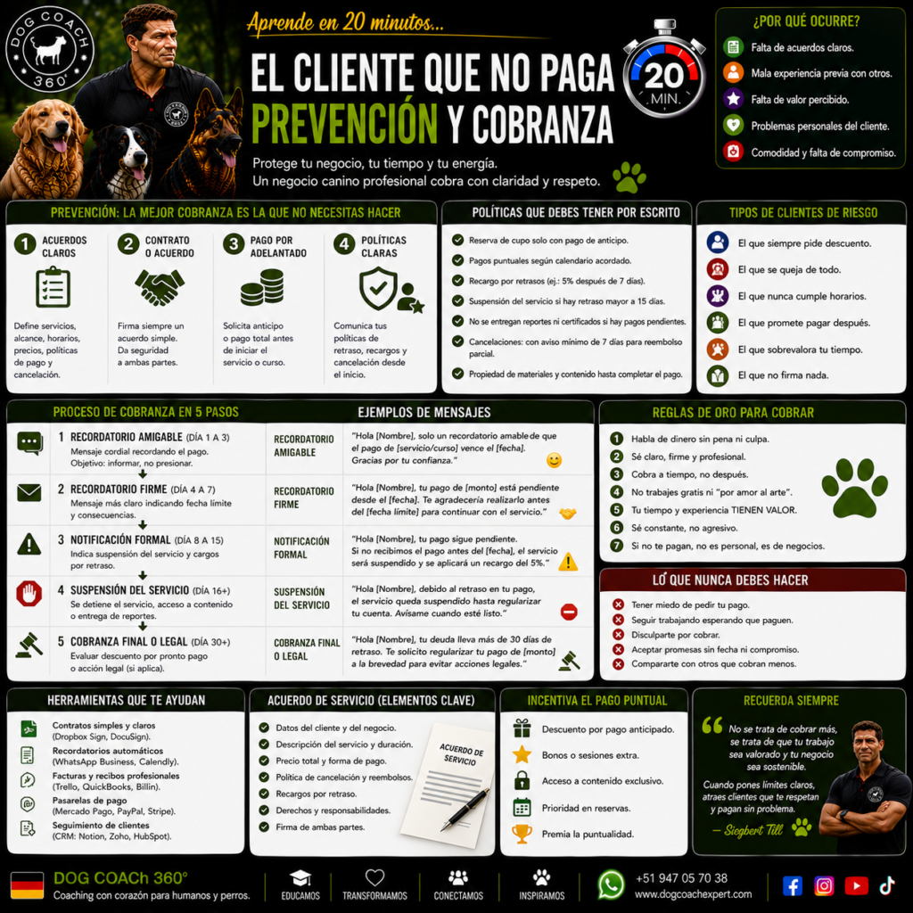 La filosofía Dog Coach 360® establece un principio fundamental: la gestión financiera nunca debe comprometer el bienestar del perro ni la dignidad profesional del coach. Cobrar correctamente no es una falta de empatía; es una parte necesaria para mantener un negocio sano que pueda seguir ayudando a más perros y familias.
