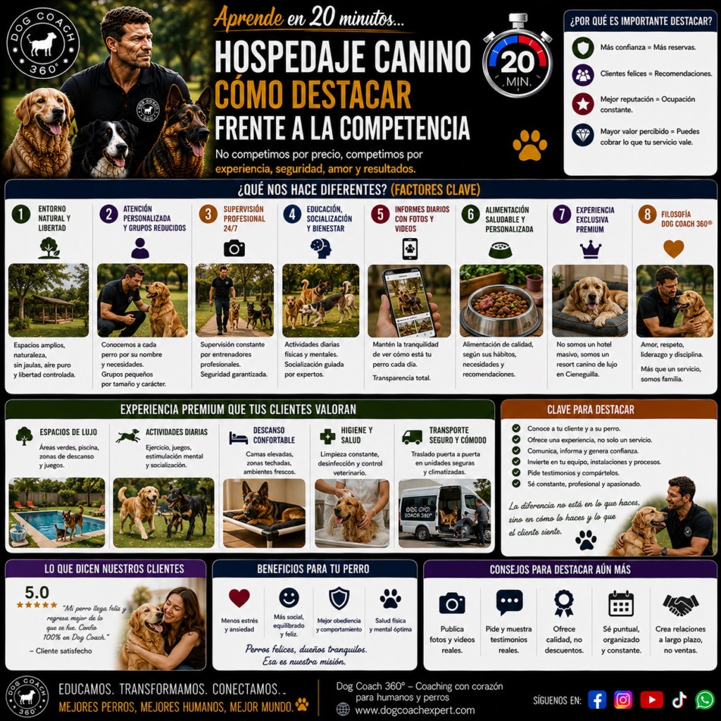 En lugar de competir por precio, aprenderás a crear una propuesta de valor basada en el Método Dog Coach 360®, integrando el hospedaje con el banco del M32/67, el Reporte Diario, los protocolos de seguridad conductual y el menú de servicios del sistema DCE 360®. El resultado es un servicio exclusivo, difícil de replicar, que incrementa el valor percibido, fortalece la fidelización del cliente y genera una ventaja competitiva sostenible.