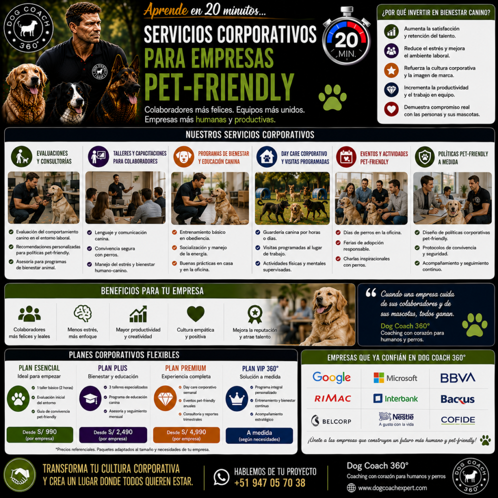 Muchas organizaciones enfrentan conflictos de convivencia y carecen de protocolos adecuados. El coach formado en Dog Coach 360® puede ofrecer talleres corporativos y programas de bienestar canino para empresas, generando los tickets promedio más altos del sistema. Además, los contratos recurrentes proporcionan ingresos mensuales predecibles, sin depender de la captación constante de clientes individuales.