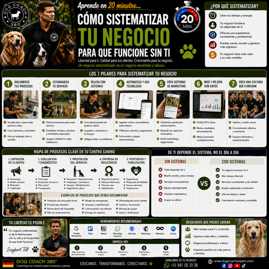 En este módulo aprenderás a documentar procesos, crear sistemas, estandarizar la calidad y delegar con seguridad. La filosofía Dog Coach 360® garantiza que la eficiencia nunca sustituya el bienestar del perro, sino que permita ofrecer un servicio más consistente, humano, escalable y sostenible.