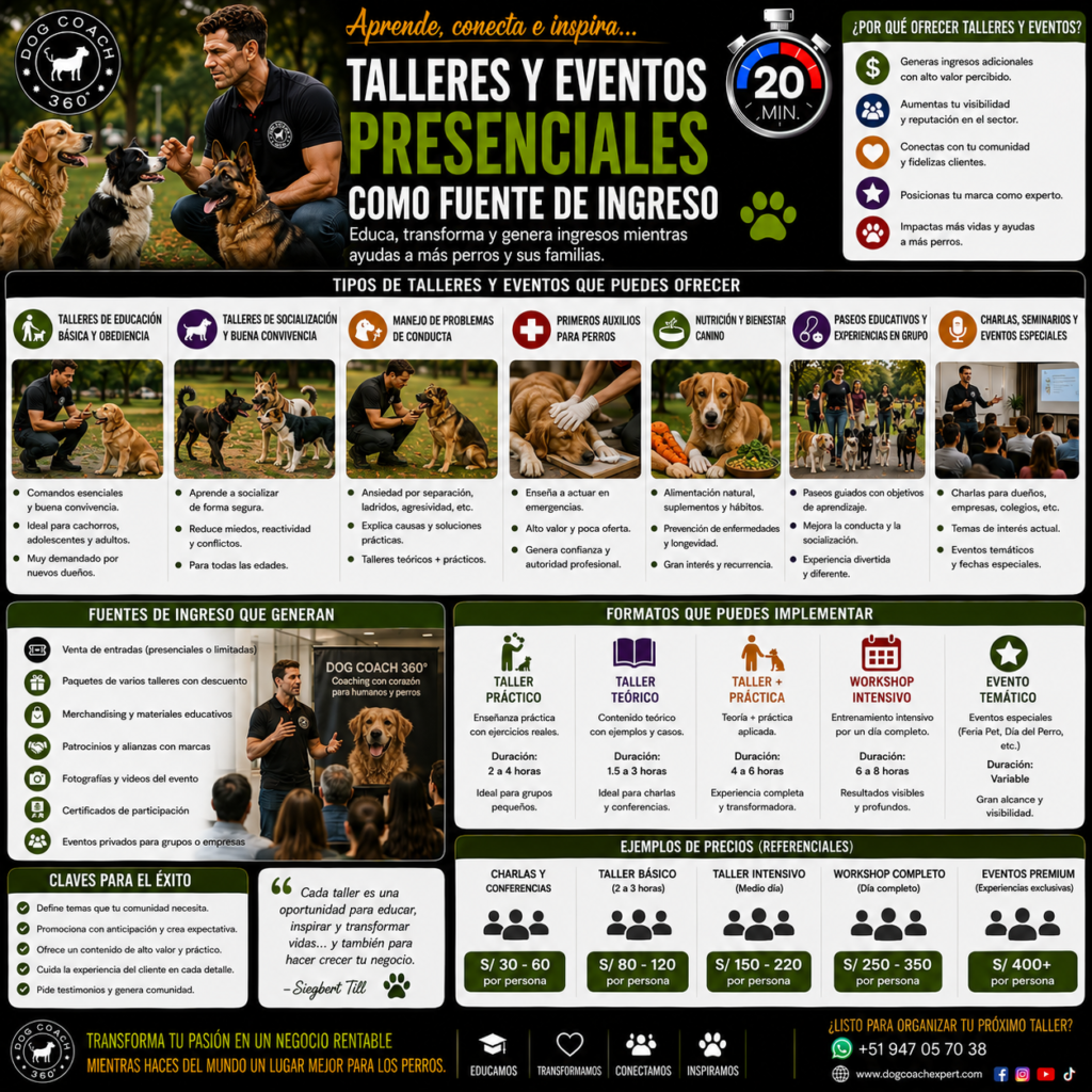 Los talleres y eventos presenciales son el primer formato de expansión porque tienen el mayor potencial de visibilidad del sistema DCE 360® en el mercado canino de Lima: un taller bien diseñado y bien ejecutado puede llegar a treinta, cincuenta o cien tutores en una sola tarde — un alcance que ningún formato del menú semanal del negocio canino del coach puede lograr con el mismo tiempo de trabajo del coach.