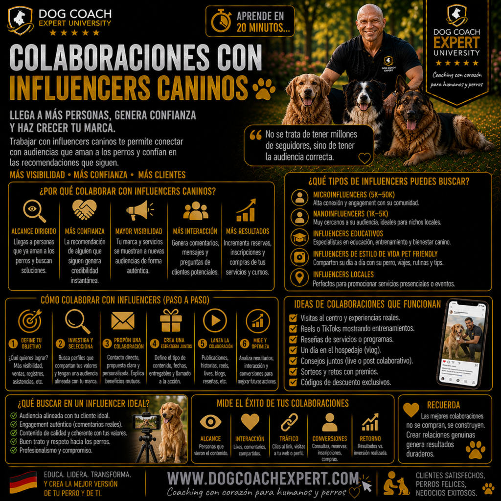 El Método Dog Coach 360® establece que una colaboración exitosa no busca acumular visualizaciones, sino construir confianza. Cuando el contenido aporta valor real y responde a las necesidades de los tutores, la colaboración deja de ser publicidad y se convierte en una recomendación creíble que beneficia al influencer, al coach y, sobre todo, a los perros y sus familias.