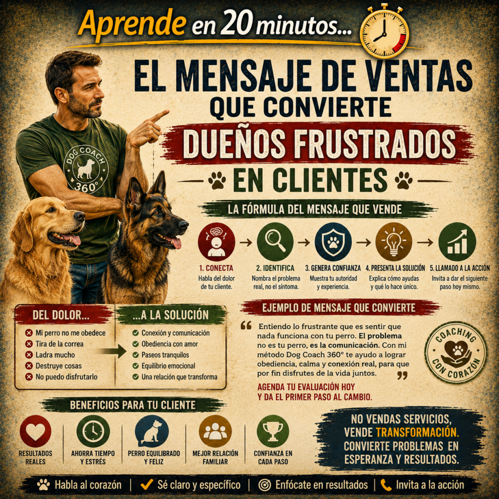 La filosofía Dog Coach 360® establece un principio innegociable: vender con empatía, honestidad y responsabilidad. Este módulo enseña a comunicar sin manipular, sin generar miedo, culpa o falsas urgencias, y sin prometer resultados irreales. El objetivo es construir un puente de confianza entre el tutor y el coach, permitiendo que las personas que realmente necesitan ayuda reconozcan una solución profesional, ética y orientada al bienestar del perro y de su familia.