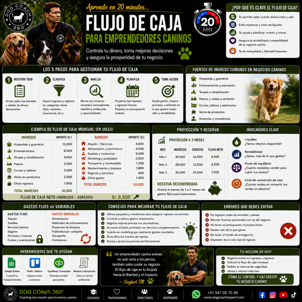La filosofía Dog Coach 360® establece que un negocio sostenible no solo debe crecer, sino tener la capacidad de mantenerse estable durante todo el proceso de crecimiento. La gestión del dinero disponible es una herramienta de libertad, no una limitación.