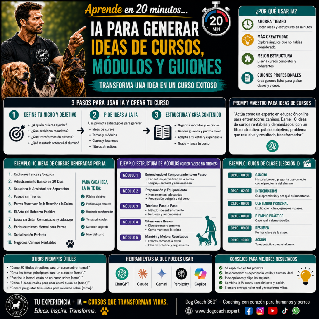 La filosofía Dog Coach 360® establece que la inteligencia artificial debe potenciar la experiencia del coach, no sustituir su criterio. La IA ayuda a organizar, estructurar y acelerar la creación, pero la calidad del curso depende del conocimiento real, la experiencia práctica y la responsabilidad profesional del especialista. Un curso exitoso comienza con una idea correcta, validada y diseñada para generar una transformación real en los perros y sus familias.