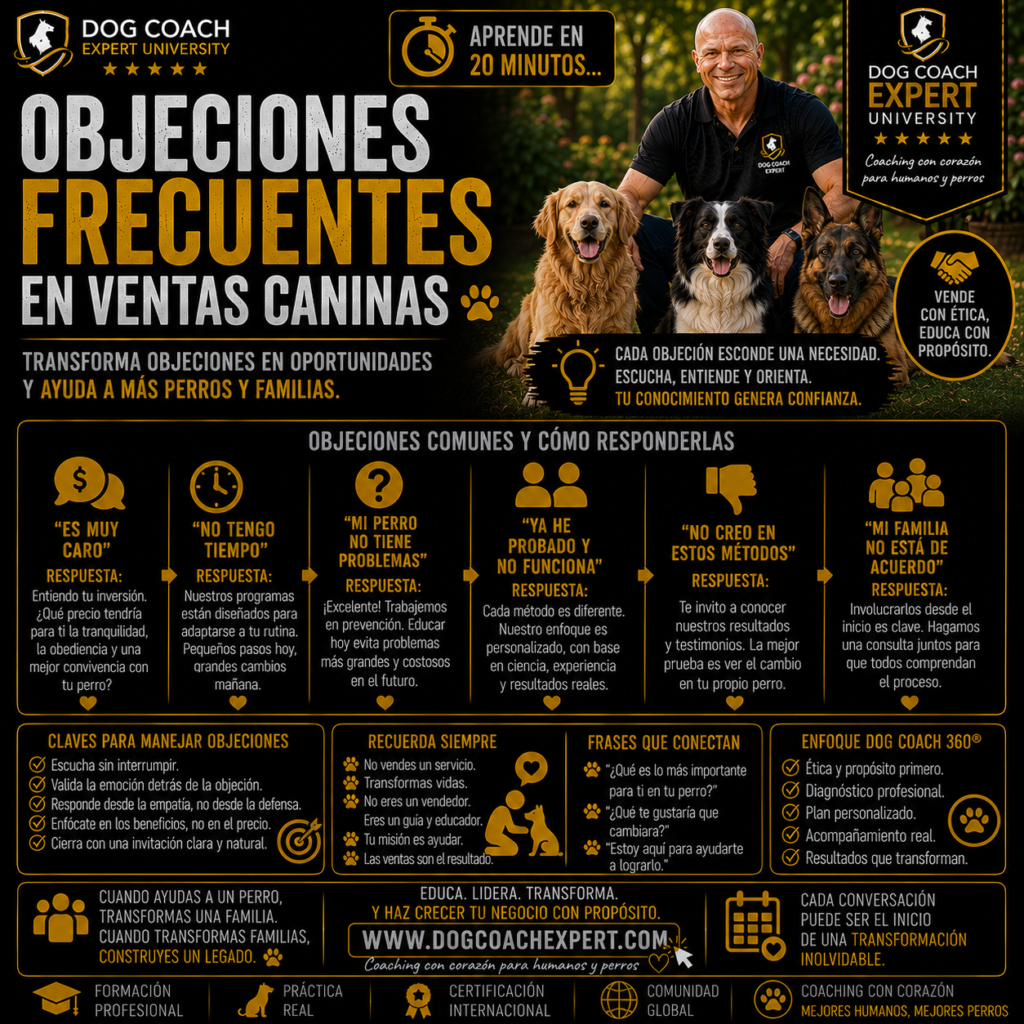Aprenderás a identificar las siete objeciones más frecuentes en el mercado canino hispanohablante y cómo responderlas mediante el sistema DCE 360®.