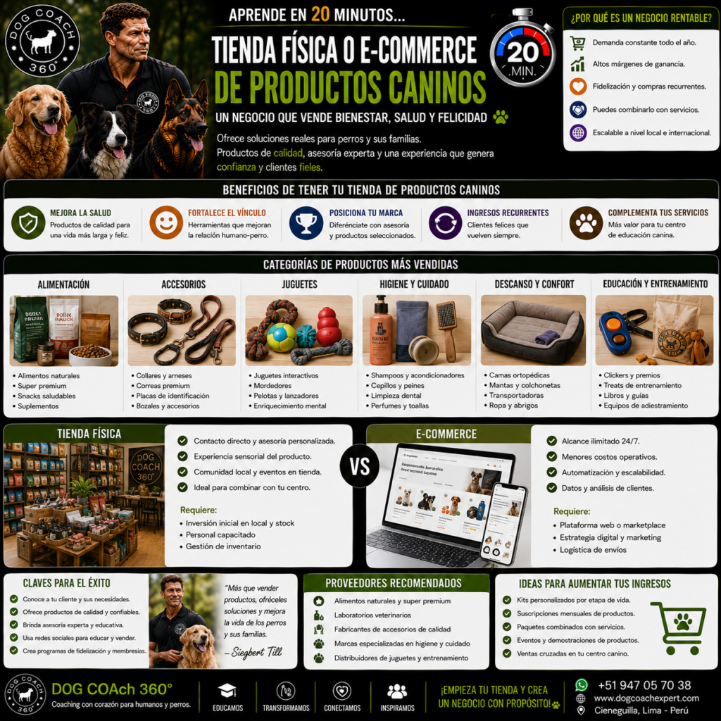 Este módulo aborda un formato diferente en su naturaleza: la venta de productos caninos — ya sea en una tienda física integrada al espacio del negocio canino del coach o a través de un canal de e-commerce.