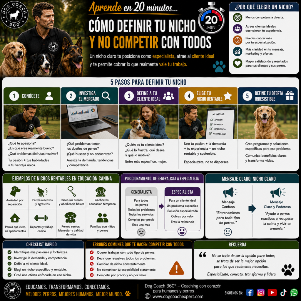 En el sistema Dog Coach 360®, elegir un nicho no es un simple truco de marketing. Es un compromiso genuino con un área en la que el profesional puede aportar un valor especial. La diferenciación no requiere atacar a otros profesionales. Se construye mediante una filosofía clara, experiencia real y resultados consistentes. Definir bien un nicho significa dejar de competir con todos. Significa convertirse en la elección evidente para alguien. El resultado es un negocio más sólido y un servicio de mayor calidad.