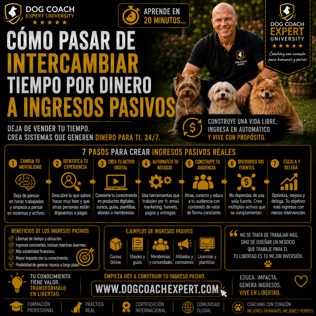 La filosofía Dog Coach 360® establece que la verdadera escalabilidad no consiste en trabajar menos sin aportar valor, sino en transformar conocimiento, experiencia y metodología en sistemas que puedan ayudar a más perros y familias.