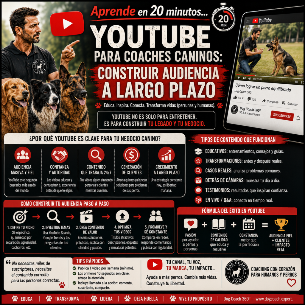La filosofía Dog Coach 360® establece un principio esencial: todo contenido educativo debe ser técnicamente correcto, ético y orientado al bienestar del perro. Debido a que los vídeos pueden ser vistos y aplicados por miles de personas durante años, este módulo promueve únicamente información basada en buenas prácticas, evitando técnicas inadecuadas, promesas exageradas o recomendaciones que puedan perjudicar a los perros o a sus familias. El objetivo es convertir YouTube en una herramienta de educación, confianza y crecimiento sostenible, construyendo una autoridad profesional que perdure en el tiempo.