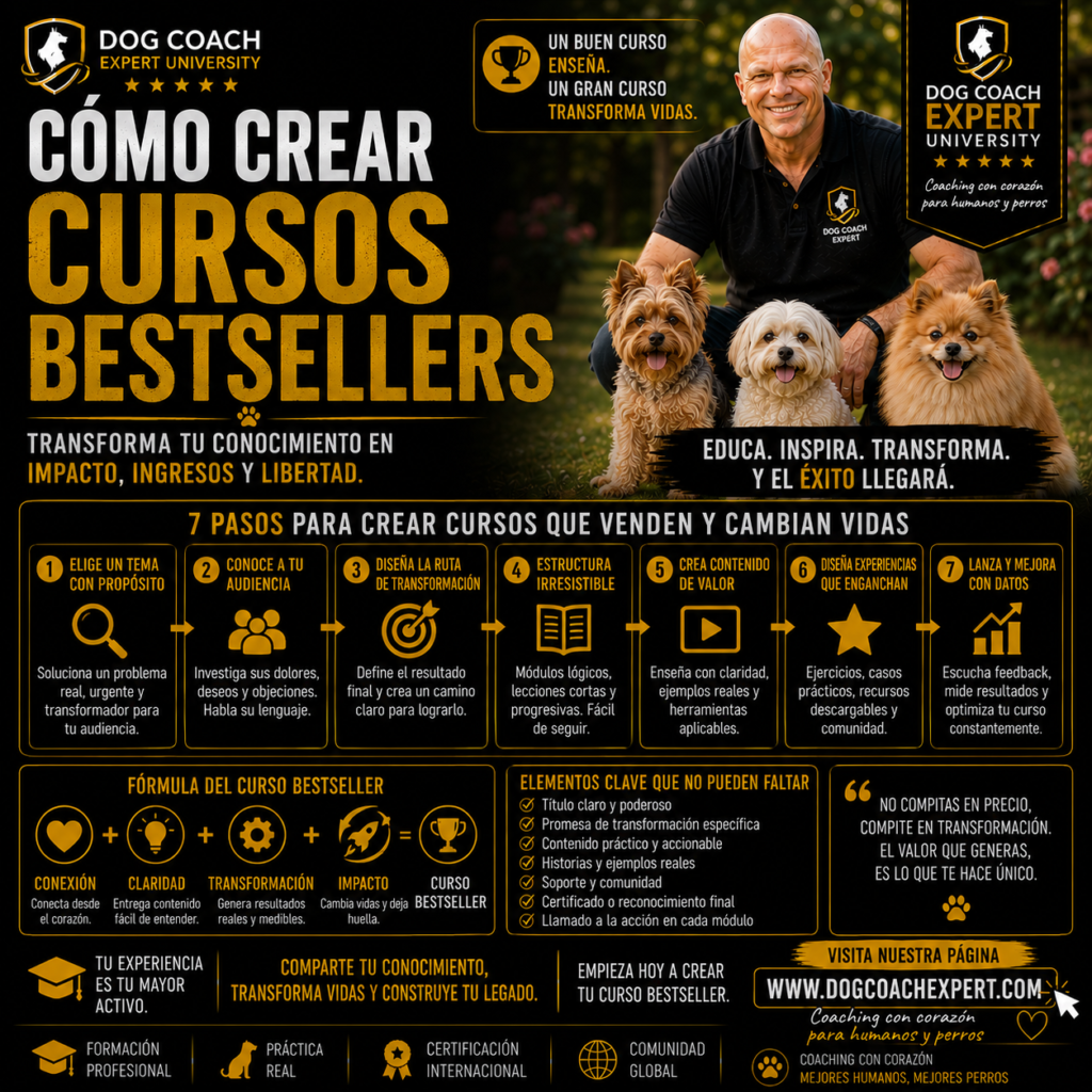 La filosofía Dog Coach 360® establece un principio fundamental: un bestseller debe construirse sobre resultados reales, ética y valor genuino. No se trata de utilizar promesas exageradas, tendencias pasajeras o estrategias manipuladoras para vender más, sino de crear una formación que realmente transforme la vida de los alumnos y mejore su capacidad para ayudar a los perros y sus familias.