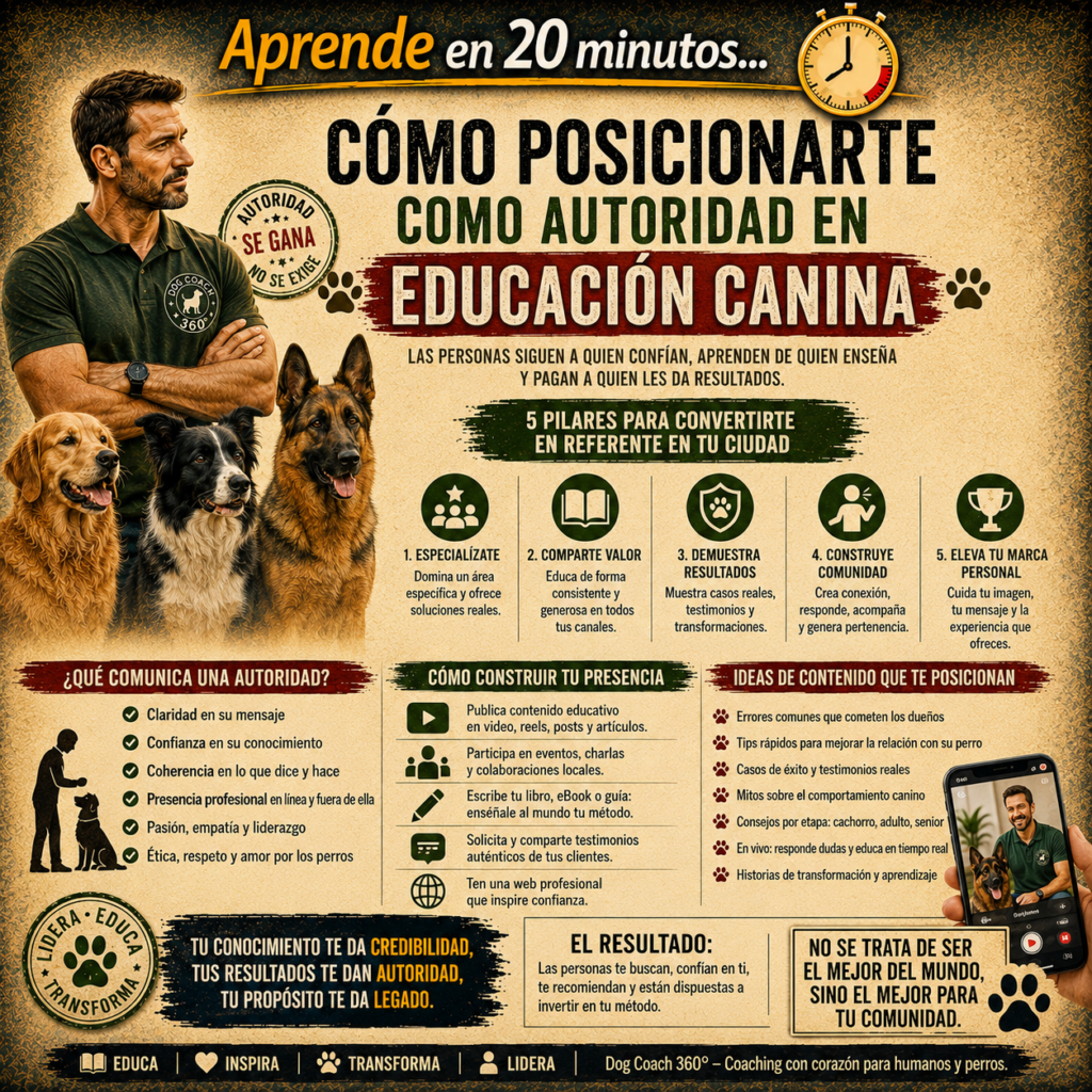 Dos coaches caninos con la misma formación, los mismos resultados y el mismo precio: uno espera que el teléfono suene. El otro recibe consultas de tutores que dicen «te encontré en internet y ya sé que eres la persona correcta para mi perro». La diferencia no está en los resultados reales de cada uno — está en quién comunica su conocimiento de forma que el tutor lo reconozca como la autoridad antes de la primera conversación.