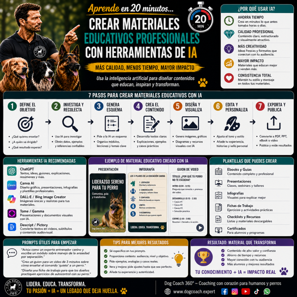 La filosofía Dog Coach 360® establece que los materiales educativos deben servir para facilitar el aprendizaje y la transformación, no simplemente para añadir páginas a un curso. La inteligencia artificial permite producir recursos de gran calidad en menos tiempo, pero es el criterio pedagógico del coach el que convierte esos materiales en instrumentos capaces de generar cambios reales. Cada documento debe reflejar la misma excelencia, claridad y compromiso con el bienestar del perro que caracteriza a toda la metodología DCE 360®.