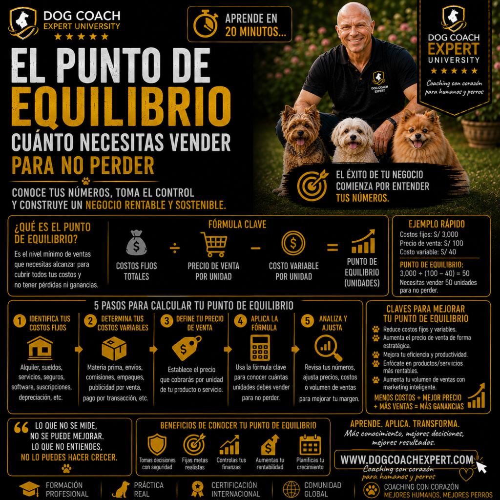 La filosofía Dog Coach 360® establece que la gestión financiera debe ser sencilla, práctica y orientada a la acción. Un coach profesional no solo transforma perros y ayuda familias; también necesita construir una empresa saludable que pueda mantenerse, crecer y continuar ofreciendo un servicio de excelencia.