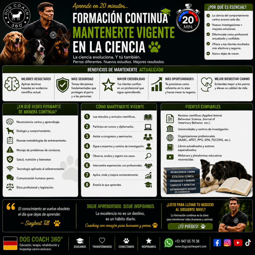 La ciencia del comportamiento canino, del aprendizaje y del bienestar avanza: lo que era una buena práctica ayer puede quedar superado por enfoques mejores y más humanos; el conocimiento tiene una fecha de caducidad. Por eso un profesional tiene el deber de seguir aprendiendo.