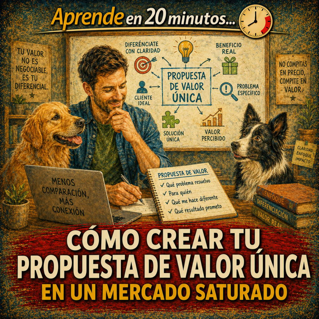 En este momento, en tu ciudad hay veinte coaches caninos que hacen exactamente lo mismo que tú. O al menos eso cree el cliente que está buscando en Google. Porque desde fuera, todos parecen iguales: «Entrenamiento canino con refuerzo positivo». «Coach canino certificado». «Amor, paciencia y resultados». El problema no es que seas igual a los demás. El problema es que comunicas como si lo fueras. La propuesta de valor única no es el servicio que ofreces — es la razón específica, verificable e irremplazable por la que alguien debería elegirte a ti y no a los otros diecinueve. Esa razón existe. Este módulo te enseña a encontrarla, a construirla y a decirla en una frase.