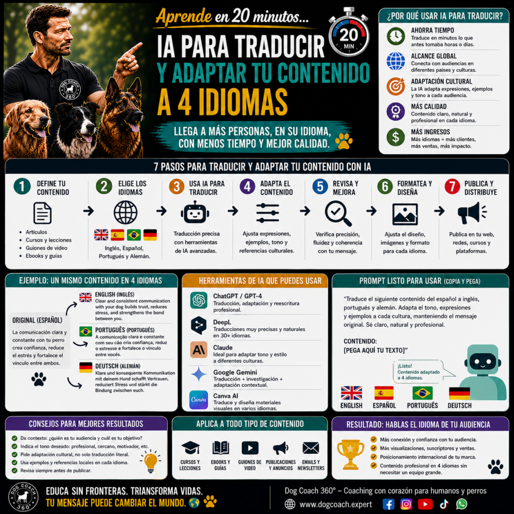 La filosofía Dog Coach 360® establece que internacionalizar un negocio no significa traducir palabras, sino transmitir conocimiento con la misma claridad, responsabilidad y cercanía en cualquier cultura. La inteligencia artificial acelera el proceso de adaptación, pero la calidad final depende siempre del criterio profesional del coach, del respeto por cada audiencia y del compromiso permanente con el bienestar del perro.