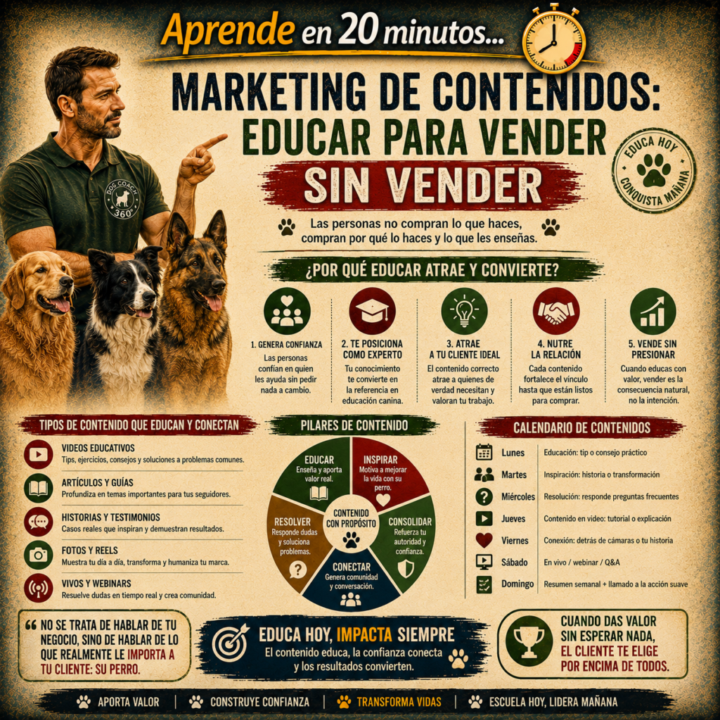 La filosofía Dog Coach 360® establece que el marketing de contenidos debe tener siempre un propósito educativo y de servicio. El objetivo no es disfrazar una venta de información, sino aportar un valor auténtico que mejore la vida de los perros y sus familias. Cuando ayudas de forma honesta y consistente, la confianza crece, tu reputación se fortalece y la decisión de contratar tus servicios surge como una consecuencia natural del valor que has demostrado.